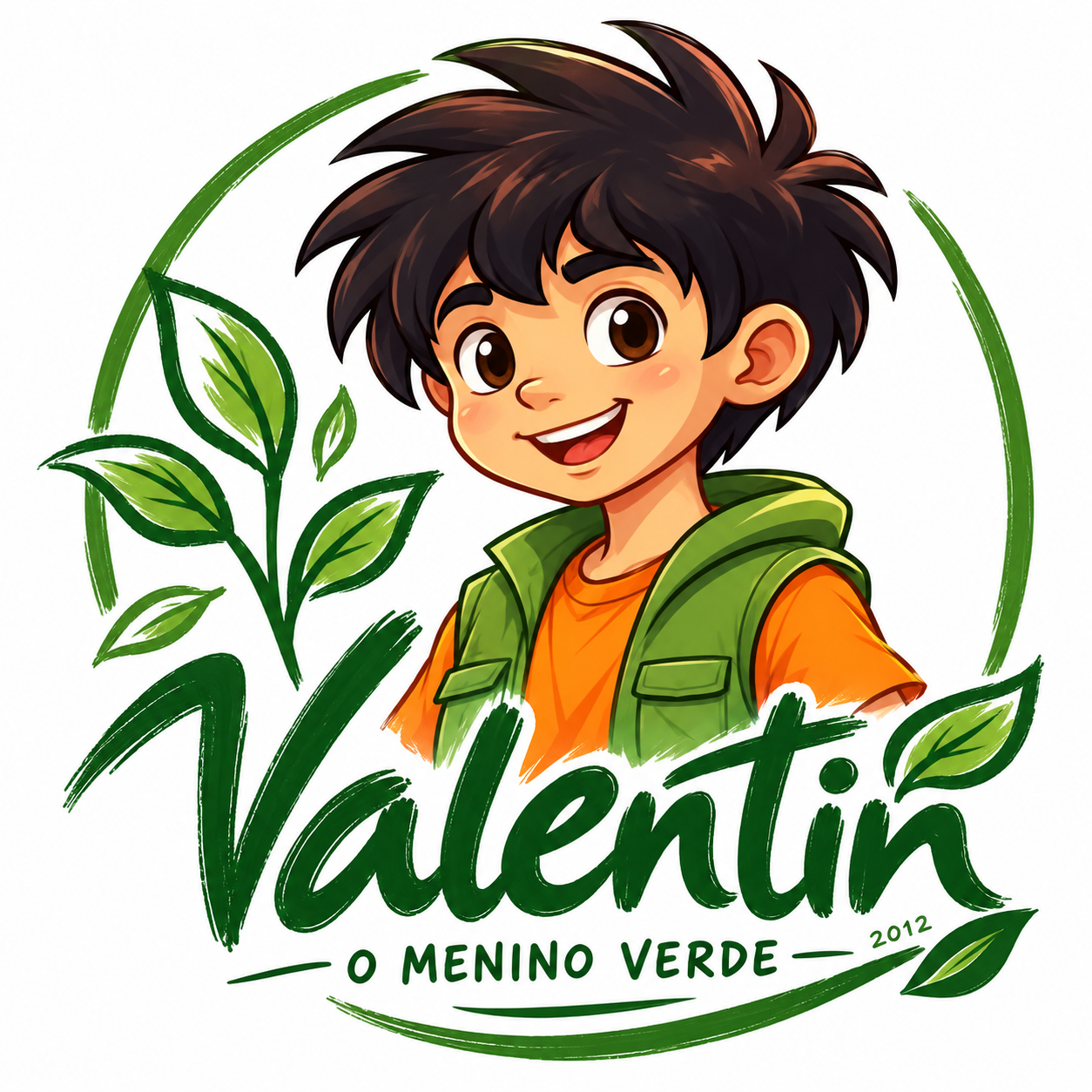Valentin – O Menino Verde, personagem infantil sorridente, com cabelos castanhos, roupa verde e laranja, cercado por folhas, na logomarca oficial.